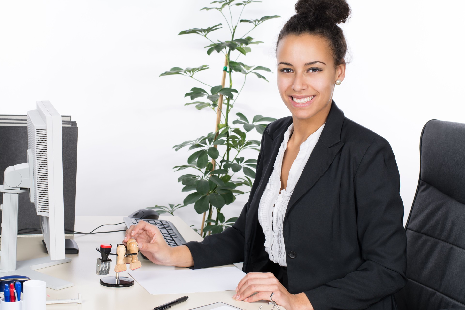 Office woman takes a stamp